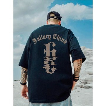 美式重磅潮牌寬松T恤胖子短袖男加肥加大五分袖字母大碼男裝夏季