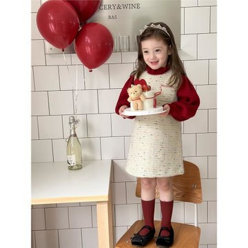 【清倉款】女童氣質氛圍感加厚毛呢拜年禮服裙彩點小香風背心裙