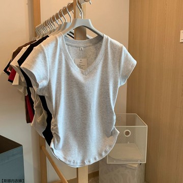 純欲風辣妹V領正肩短袖t恤女設計感小衆時尚修身顯瘦上衣