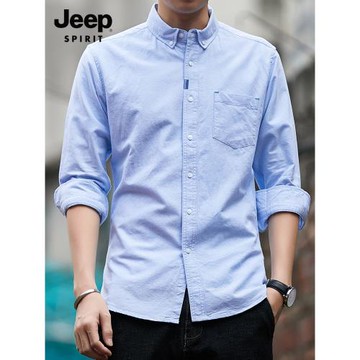 吉普2025年春秋季藍色短袖襯衫男士純全棉休閑牛津紡修身長袖襯衣