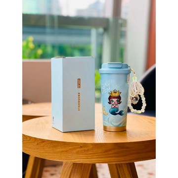 星巴克泡泡瑪特軟雪星夢Molly海洋女神不鏽鋼雙飲口杯配珠串掛鏈