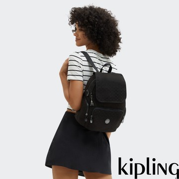『猴子包』Kipling 深黑提花掀蓋拉鍊後背包-CITY ZIP S
