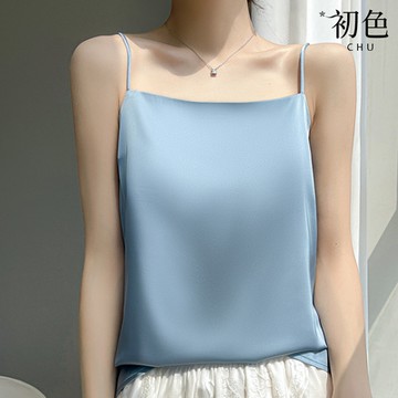 初色 純色性感緞面一字領平口細肩帶吊帶背心女上衣-共10色-35912(M-3XL可選)