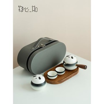 物心一如熊貓文創旅行茶具套裝便攜式戶外泡茶側把快客杯一壺二杯