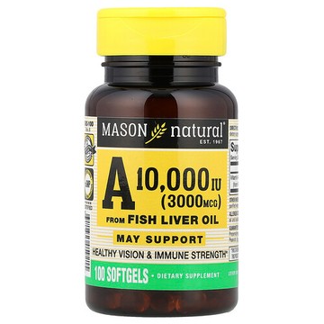 Mason Natural, 維生素 A（來自魚肝油），3,000 微克（10,000 國際單位），100 粒軟凝膠