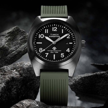 【TIMEX】天美時 遠征系列  39毫米 簡潔錶盤 夜光指針 矽膠錶帶腕錶(黑x綠 TXTW2Y18000)