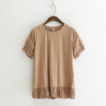 現貨+預購 短袖T恤純色上衣-拼接繡花荷葉邊甜美女打底衫5色73sy29【獨家進口】【米蘭精品】