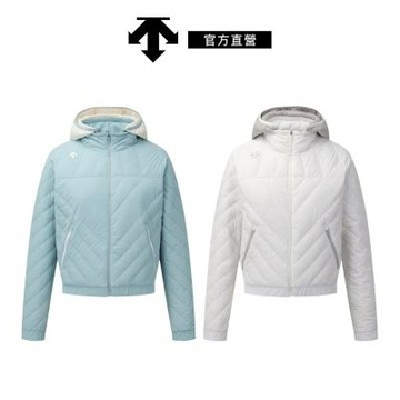 【DESCENTE】GOLF 迪桑特 女士 可拆式連帽高爾夫羽絨外套(白色/淺藍色)