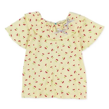 日本西松屋 - 楊柳柔軟荷葉翻領短袖上衣-櫻桃-淺黃