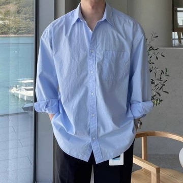 春秋季高級感襯衫男內搭長袖韓系風格穿搭少年感藍色襯衣休閒外套