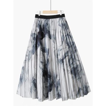 秋冬新款高腰顯瘦百褶a字裙復古暈染印花裙水墨畫風中長款半身裙