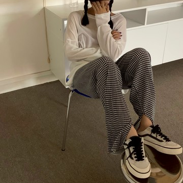 格子褲夏季時尚復古松緊腰休閑褲女設計感褲子褲腳開叉直筒褲