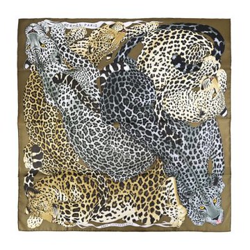 Hermes 愛馬仕 Lazy Leopardesses 90 慵懶豹 手工捲邊斜紋真絲方巾(咖)