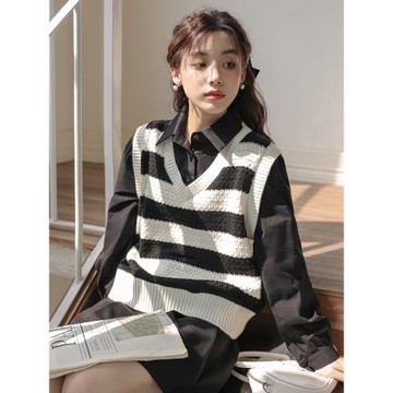 韓版設計感小眾polo領襯衫女秋季新款拼接條紋馬甲假兩件別致上衣