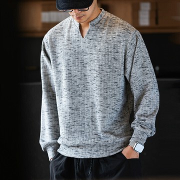 Wuluwear 美式休閒肌理感小V領長袖T恤男寬鬆280g色紡提花打底衫