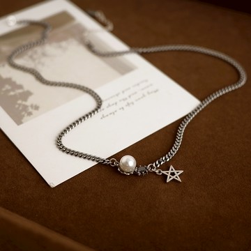 純銀項鍊 珍珠五角星項鍊【UME】整條S925純銀項鍊/復古泰銀色項鍊