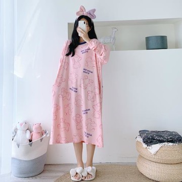 長袖純棉卡通小熊加長款睡裙加肥加大碼孕婦胖MM200斤睡衣女