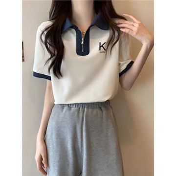 2024夏季復古拼色polo領半拉鏈短袖t恤女遮肚子設計感顯瘦上衣