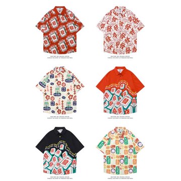 麻將港風百搭短袖襯衫男女夏季本命年紅色新年衣服小眾潮流上衣