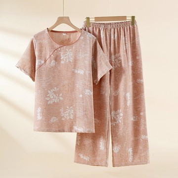 新中式國風100%全棉短袖九分褲睡衣居家服 純棉女士夏季大尺碼短袖家居服套裝薄款