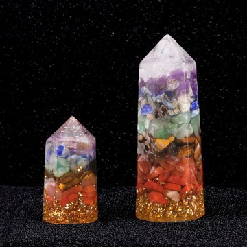 KS-1323-水晶瑪瑙七彩碎石樹脂六角柱 查克拉小擺件 家居裝飾工藝品