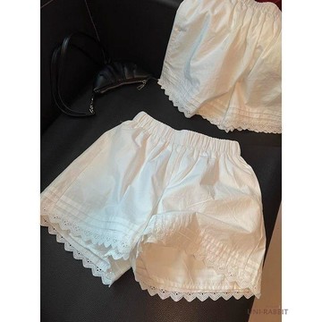 【台灣出貨】甜美花邊休閒短褲女百搭夏季新款寬鬆顯瘦高腰A字闊腿熱褲爆款短褲女大碼短褲休閒短褲五分褲女