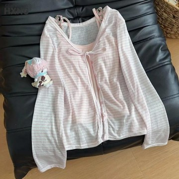 【韓系慵懶風】條紋V領蝴蝶結綁帶防曬罩衫 長袖T恤女外套 開衫上衣 夏季外搭 韓系穿搭 條紋上衣 休閒上衣 ins衣服