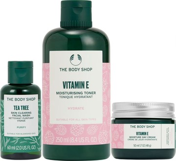 【THE BODY SHOP】維E保水組 (維他命E保水調理水-250ML +維他命E 凝膠/日霜/晚霜/修護霜 任1+茶樹潔面膠60ML/茶樹調理水60ML任1)