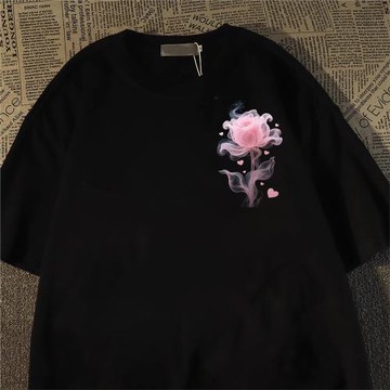 美式高級感粉玫瑰純棉短袖t恤女男夏街頭風半袖oversize情侶上衣