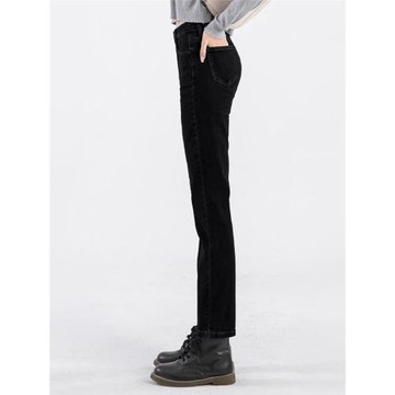 直筒牛仔褲女2025春秋黑色薄絨煙管高腰八分九分小個子法棍褲加絨