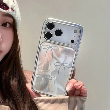 電鍍銀水波紋鐳射蝴蝶結 適用iPhone 17 16 15 14 13 Pro Max i15 i16 i17 手機殼