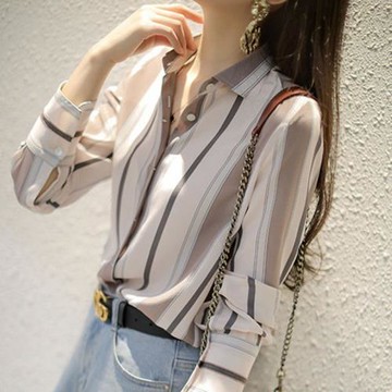 重磅氣質小眾襯衣女歐洲站新款時尚豎條紋寬松百搭雪紡襯衫上衣潮