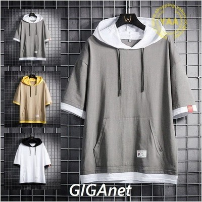 パーカー メンズ 半袖パーカー ファッション プルオーバー フード付き フェイクレイヤード お兄系 夏 通販 Lineポイント最大get Lineショッピング