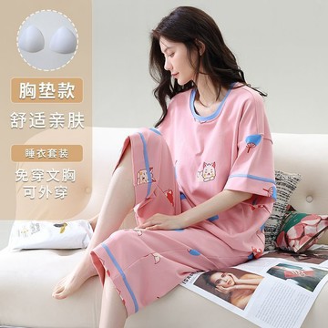 【快速出貨】新款大碼自带胸垫睡衣 女夏季短袖七分裤居家服 韩版卡通甜美可外穿睡衣套装 大碼寬鬆顯瘦遮肉兩件套