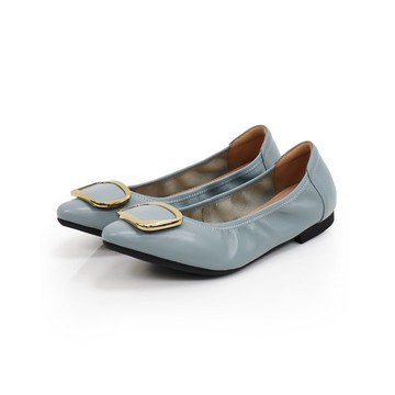 珍妮絲 2 · 全真皮方扣尖頭摺疊平底娃娃鞋-灰藍(版型偏小1碼)