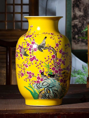 景德鎮陶瓷花瓶家居飾品客廳插花干花復古中式黃色酒柜博古架擺件