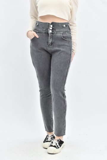 加購優惠(L) 灰色棉質直筒高腰牛仔長褲