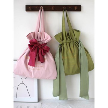 甜美少女緞帶蝴蝶結布袋單肩包 日系櫻花粉可愛跳舞蹈森仙女包包