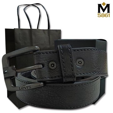 levislevi's 男皮帶 皮帶 單面扣頭logo標 黑銀扣頭黑色