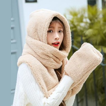 日本 BEAUTYJAPAN  羊羔絨毛保暖連帽口袋圍巾三合一BJ2107 米色
