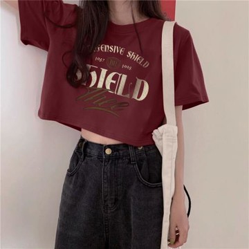 酒紅色短袖t恤女正肩純棉寬松多巴胺穿搭大碼辣妹小個子短款上衣