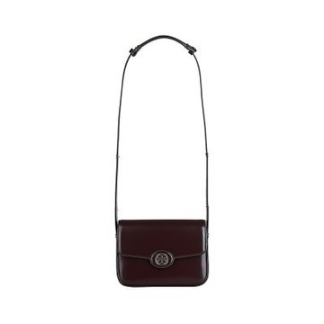TORY BURCH Robinson 鍍金T字LOGO漆皮搭微纖維襯裡方形肩背斜背包(葡萄紫紅)