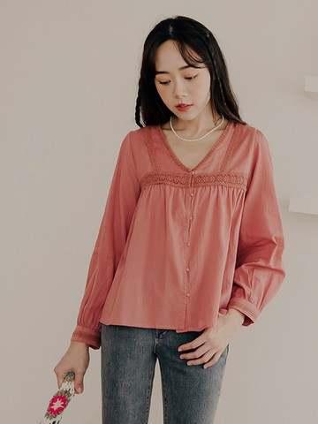 高含棉V領開襟布蕾絲拼接長袖上衣