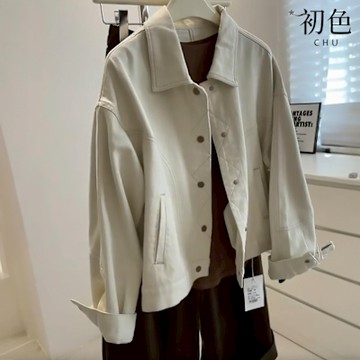 初色 韓系休閒寬鬆純色明線口袋袖扣單排扣翻領長袖牛仔外套女外套-共2色-10716(M-XL可選)