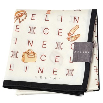 CELINE 米白底可愛配件包包字母印花圖騰LOGO帕領巾(52CM)