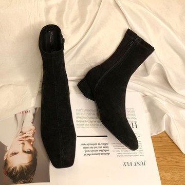 婭館 靴子女中筒靴2025新款方頭粗跟瘦瘦靴短靴女彈力絨面襪靴女