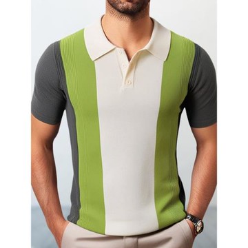 綠色條紋針織衫翻領短袖POLO衫T恤上衣男 Men's POLO T-shirt