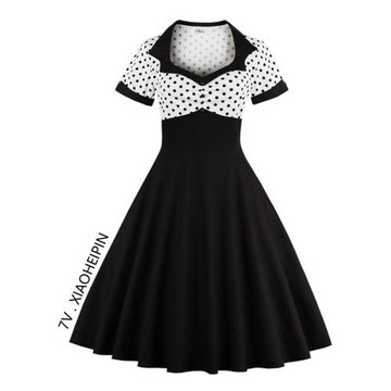 歐美夏季短袖加大碼胖mm收腰大擺裙波點拼接顯瘦中長款復古連衣裙