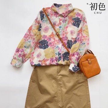 初色 文藝復古印花寬鬆單排釦圓領襯衫領長袖襯衫上衣女上衣-花色-37246(M-2XL可選)