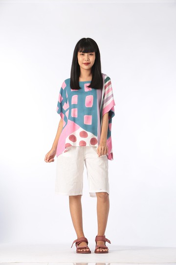 Abstract Cotton Rayon Kimono Blouse For Summer Beach Vacatio